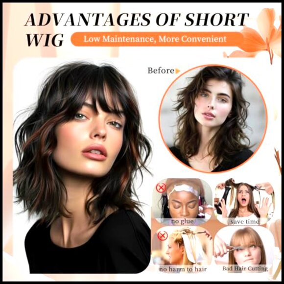Short Curly Wavy Wig with Bangs Shoulder Length Natural Looking Party Daily Use main image 5